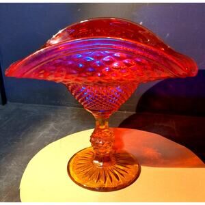 595. Vintage Jeanette Glass Amberina Diamond Point Compote Glows